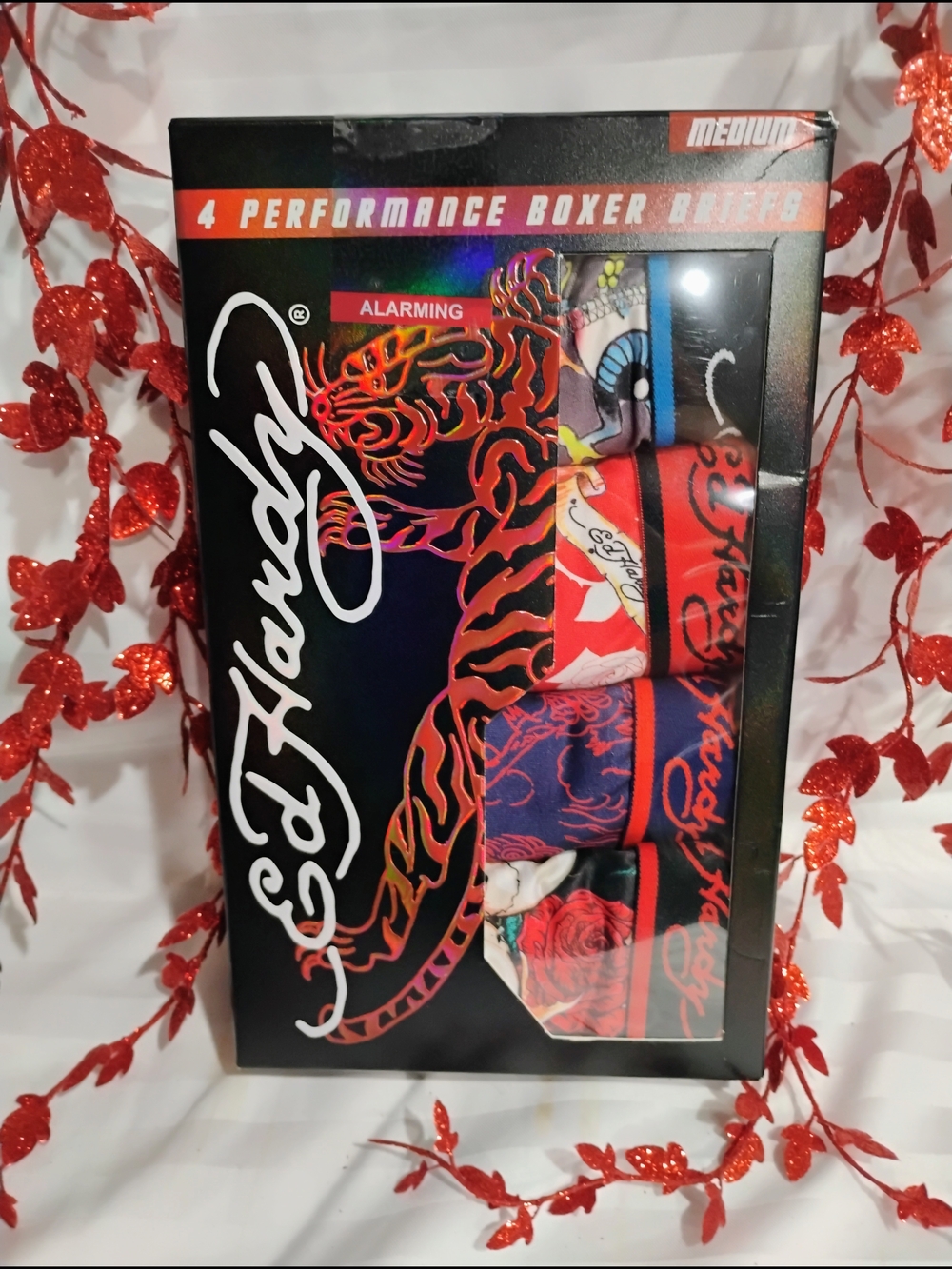 Ed Hardy Men’s Performance Boxer Briefs - Red/Blue/Black (4-Pack)